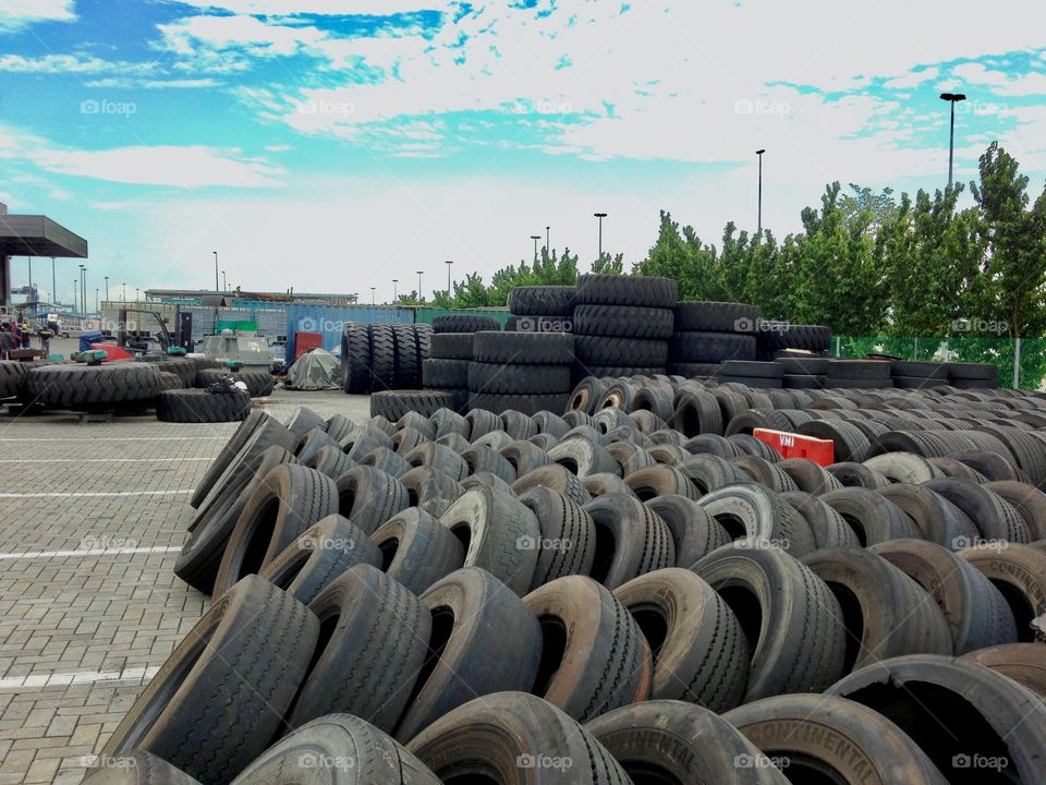 Port trailer tyre dumping site at Port of Tanjung Pelepas, Johor, Malaysia. 
