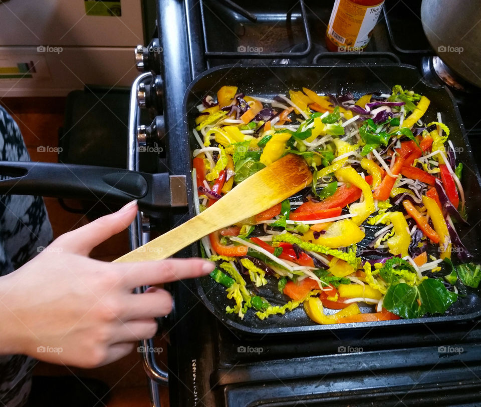 Cooking stir fry on a stove top