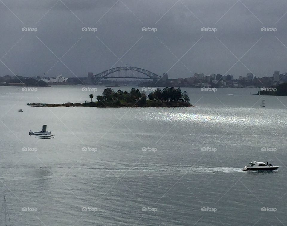 Seaplane flying over the bay 