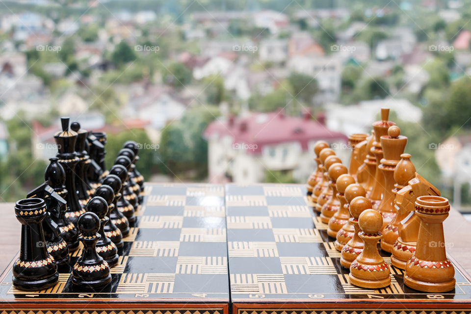 Close-up of a chess board with chess piece