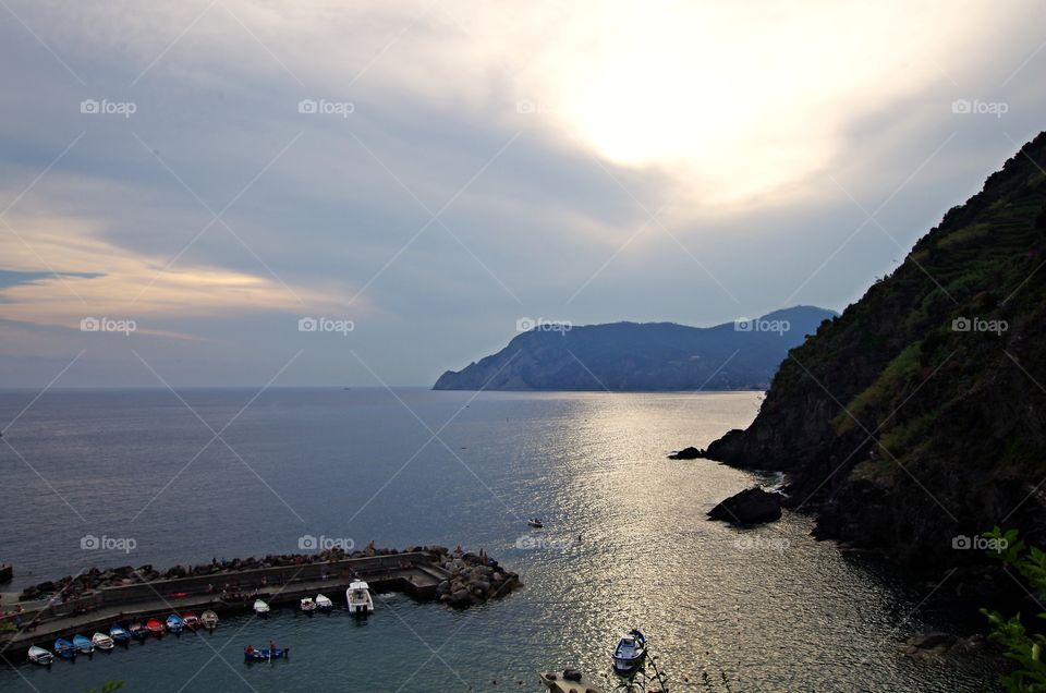 Aerial view of boats moored at harbor