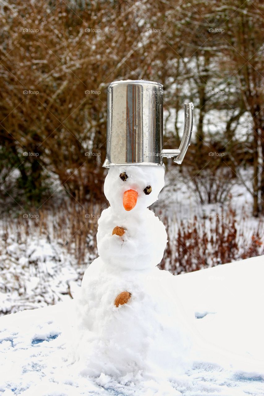Snowman with pot hat and carrot nose