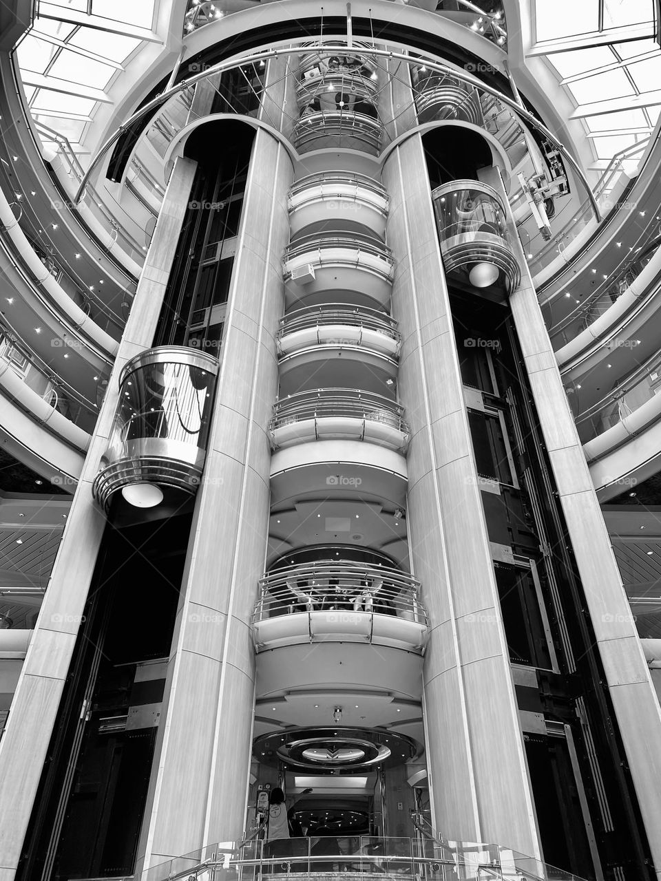 The elevators in the lobby of a cruise ship
