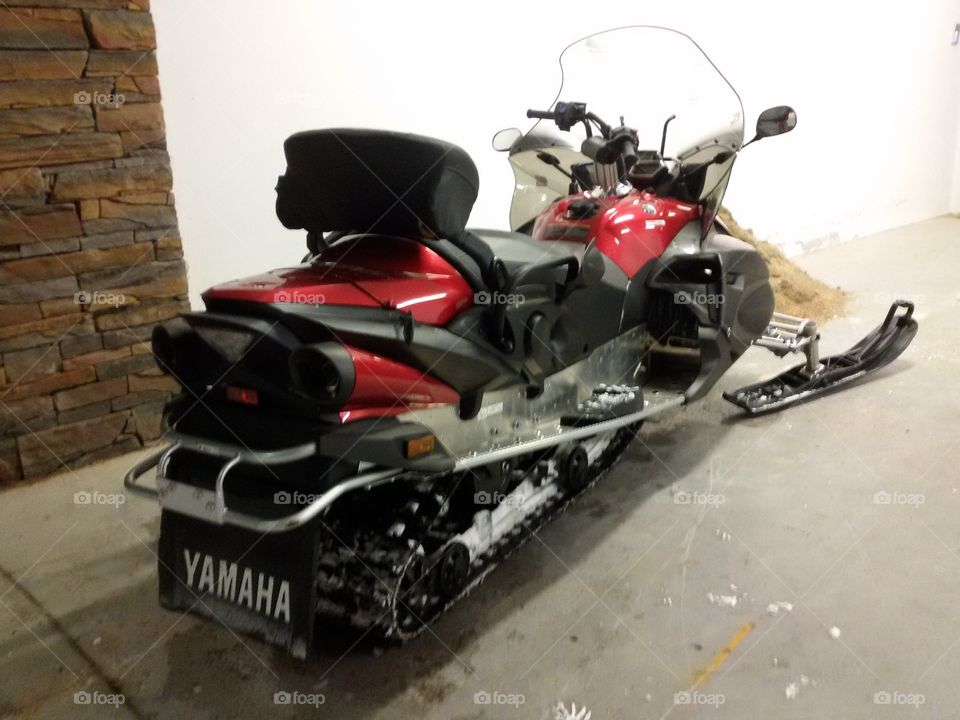 snowmobile in garage