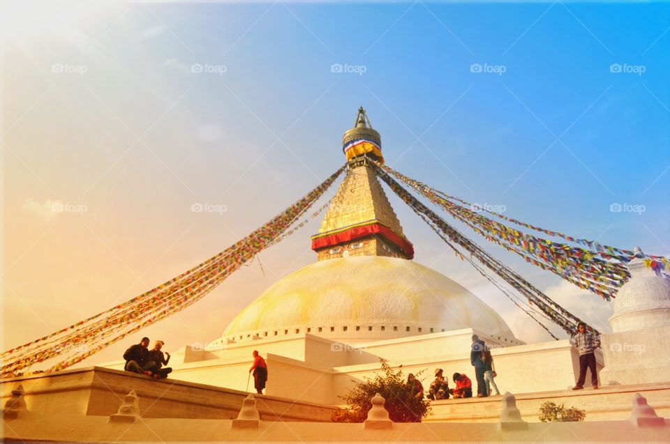 Bouddanath. The stupa of bouddanath after a beautiful day. big eyes are following the sunset