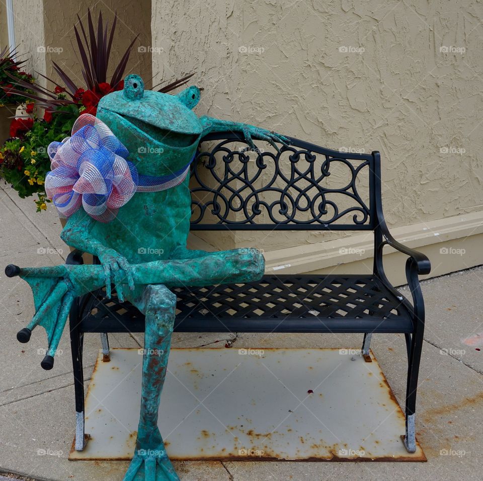 Kitsch. Frog on Bench