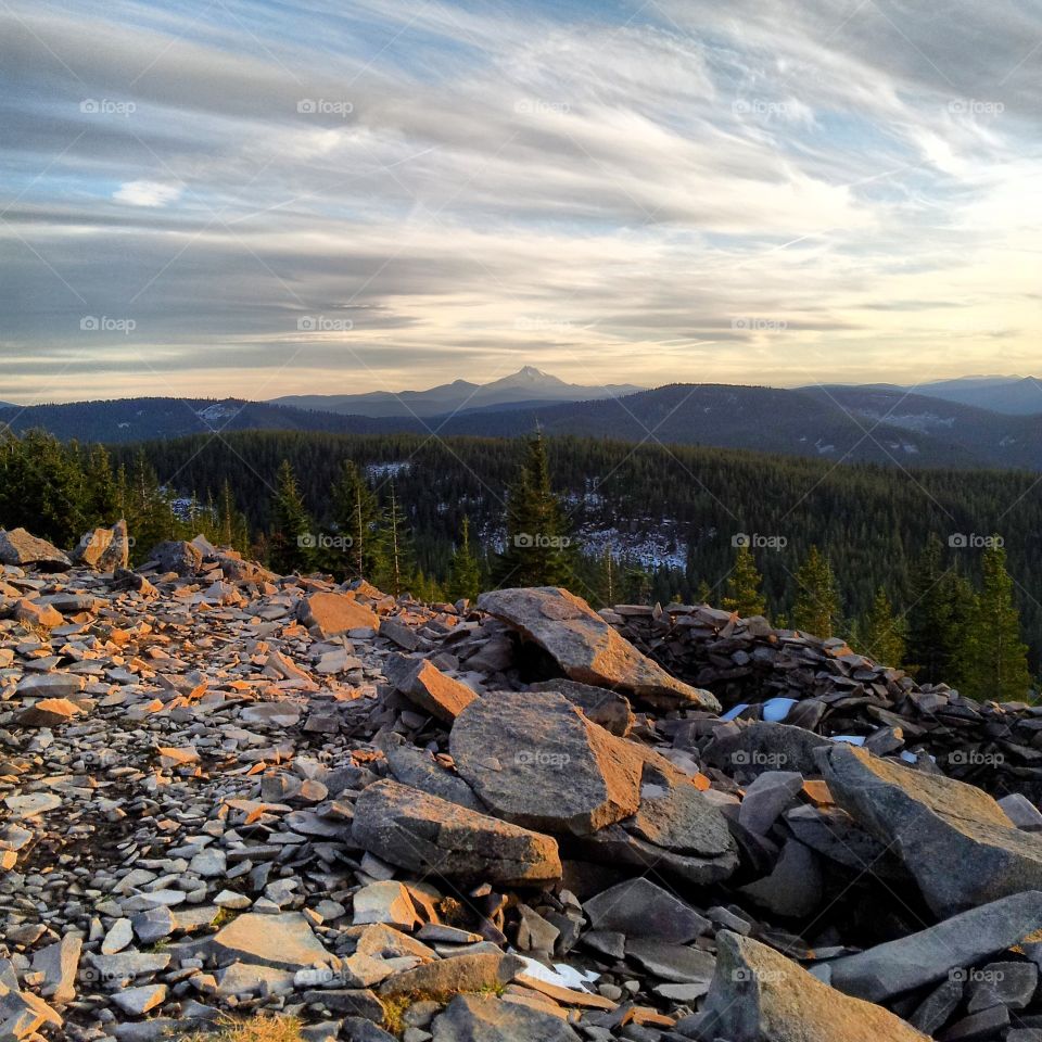 Sunset Mountain. Hiked up a trail near Mt. Hood, Oregon and caught this amazing view at sunset in the winter!