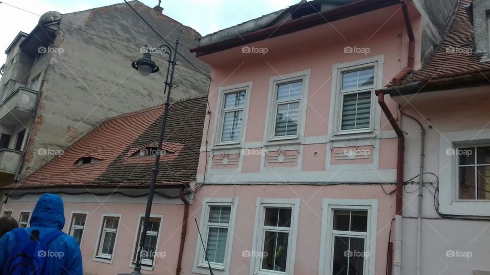 Blush pink building in Sibiu, Romania