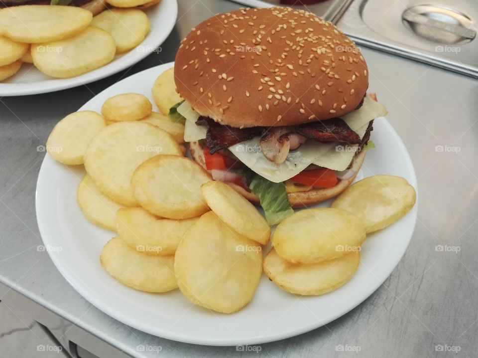 bacon burger with french fries