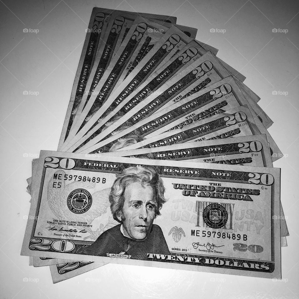 $20 bills Laid Out On Table, B & W photo
