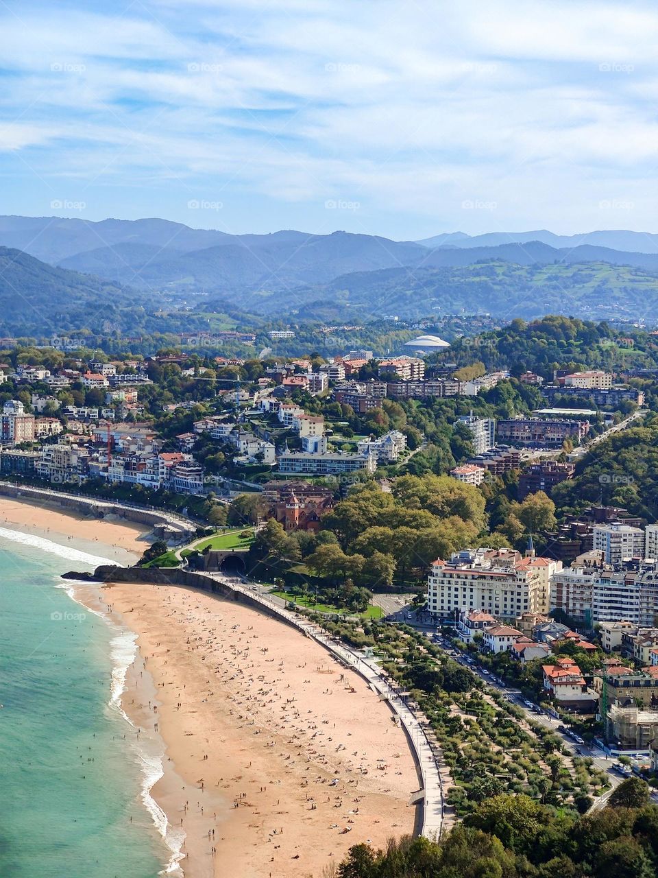 Top view on San Sébastien beach meeting city and mountains, Spain.