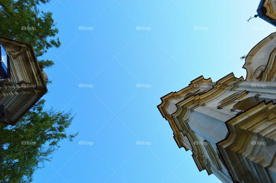 Clear blue sky above the historic basilica in Poland