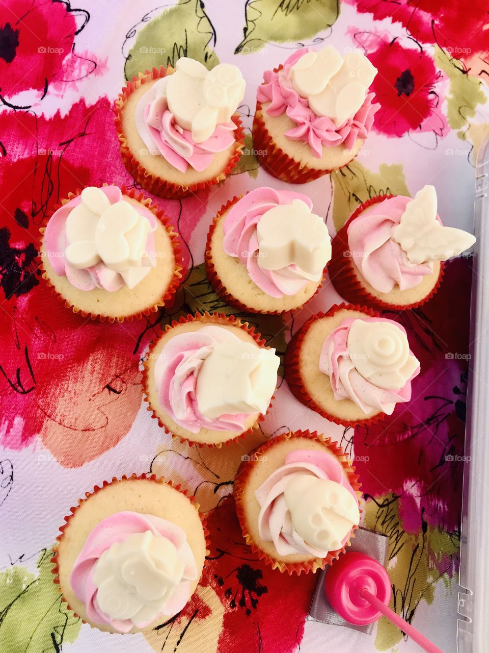 Homemade cupcakes with homemade buttercream frosting adorned with homemade chocolate molds! 