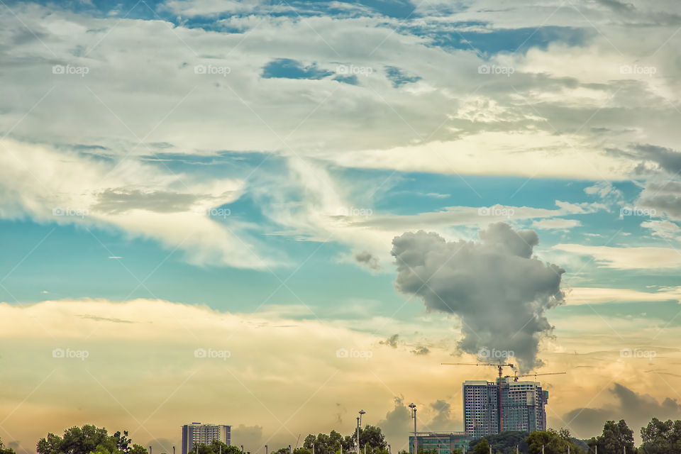 Skyline of city during sunset