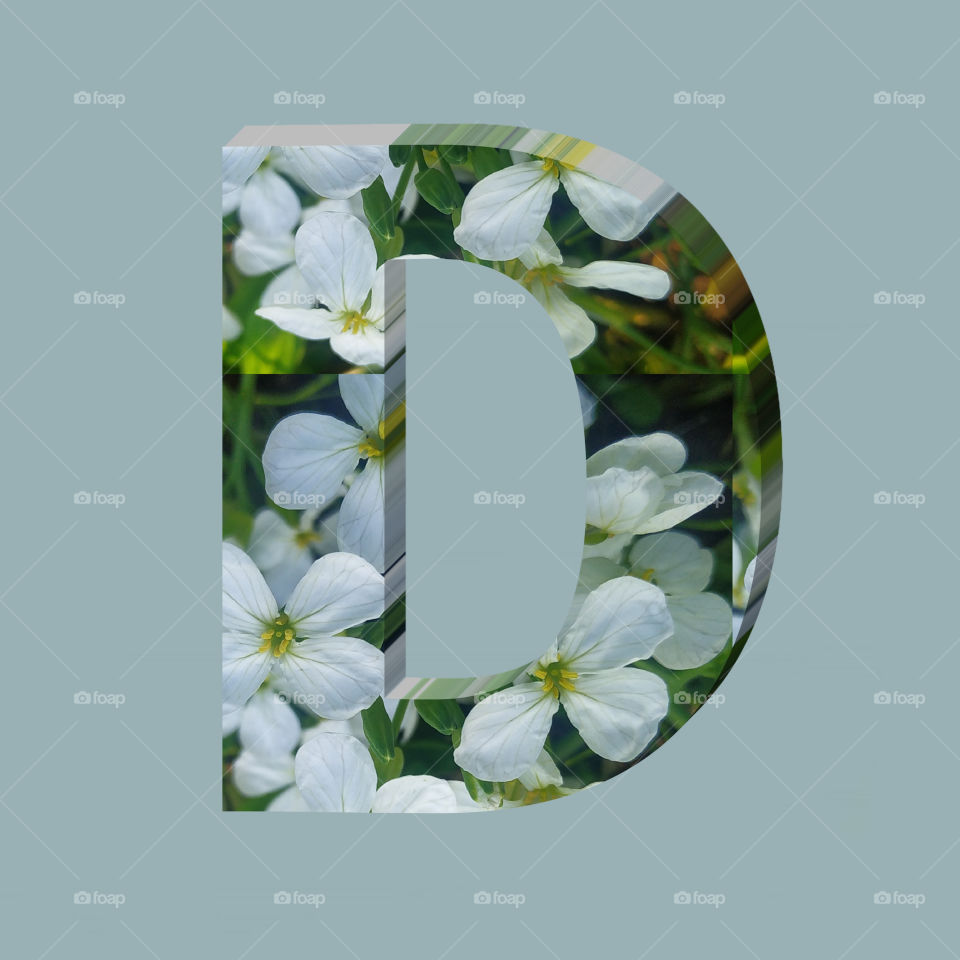D alphabet 3d rendering of vertical white flowers alphabet