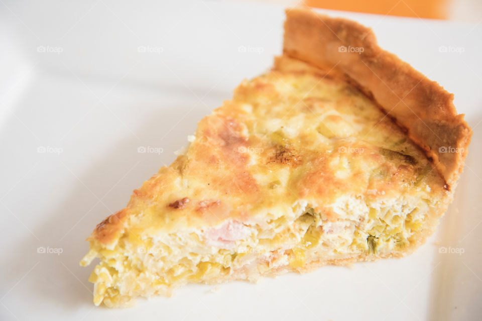 Close-up of quiche slice