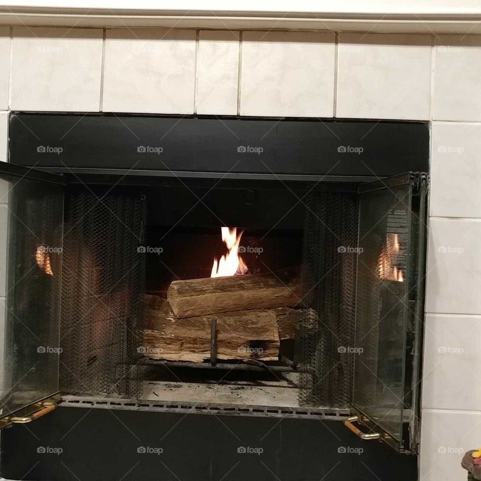 just lit fireplace
