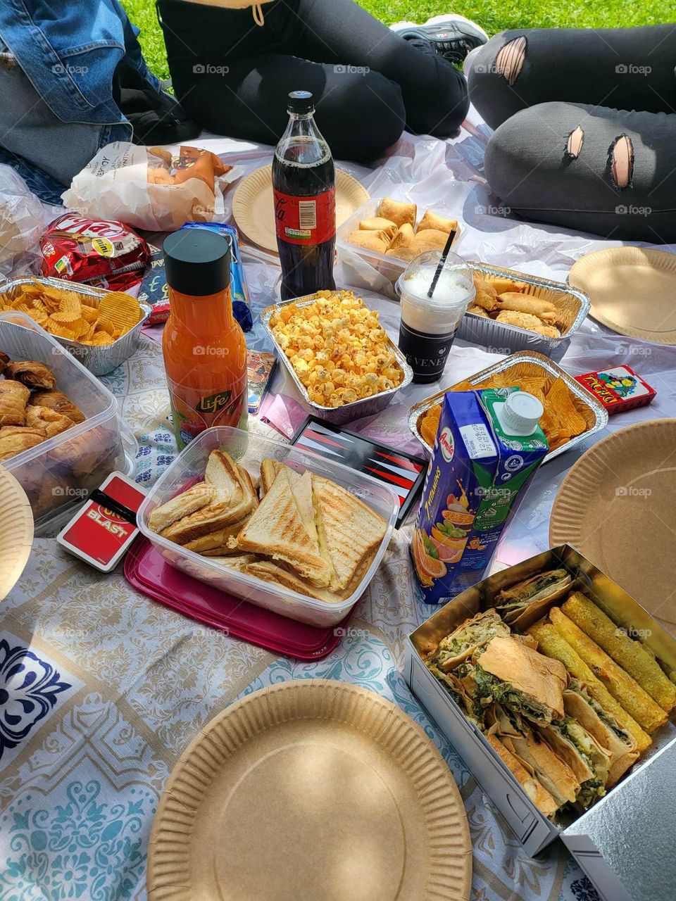 A calm and funny picnic at the park with friends. Hearing the peaceful sounds of birds, feeling the calm breeze makes you feel happy and free.