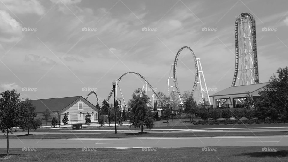 roller coaster park grayscale