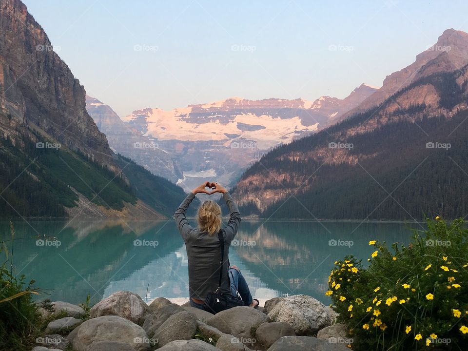 Loving endless summer at Lake Louise in Canada's Rocky Mountains, Banff national Park early morning