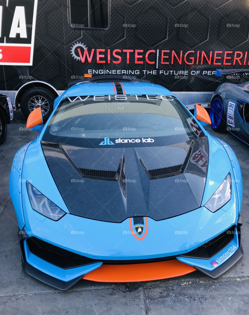 Lamborghini race car in classic Gulf Blue and Orange 