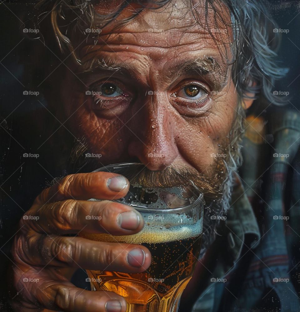 an old man drinking but with a sad look