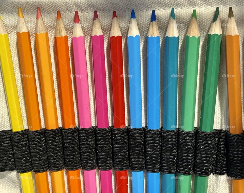 Colorful pencils aligned on a pencil case 