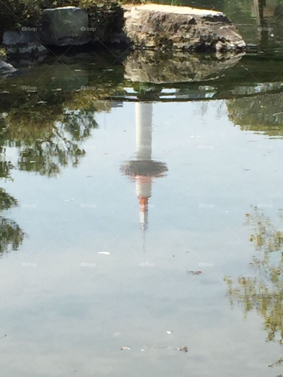 Reflection of Tokyo tower in an old pond's temple