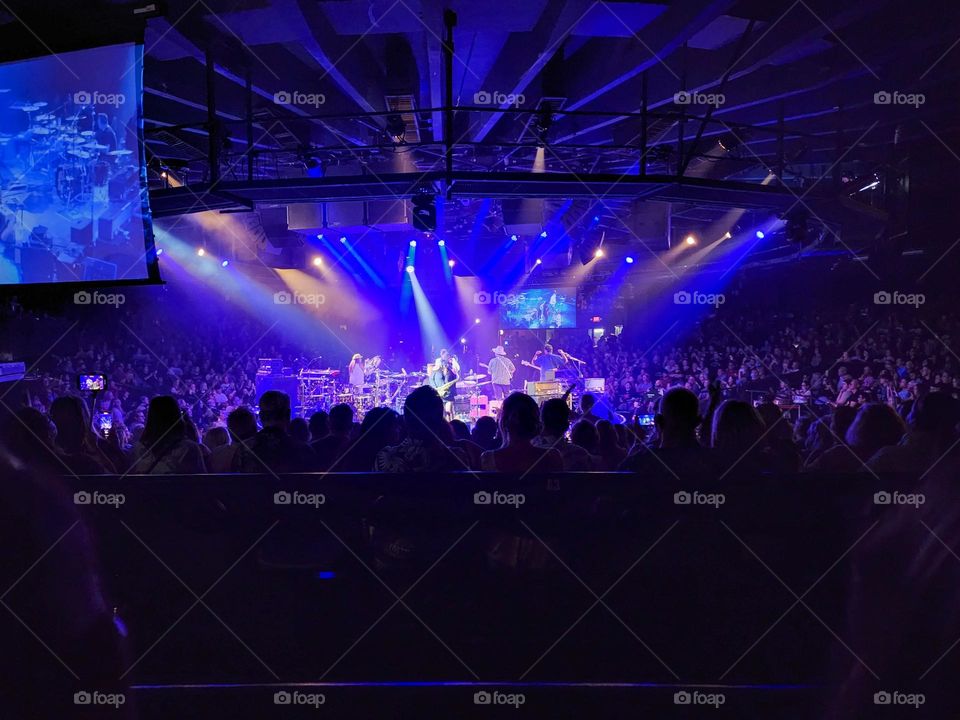 A musical group performs under colorful lights to a adoring crowd