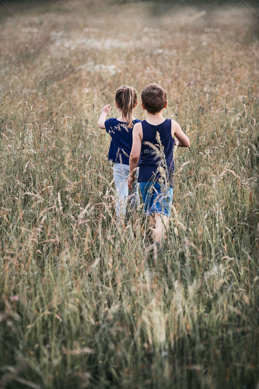 Little happy kids playing in a tall grass in the countryside. Candid people, real moments, authentic situations