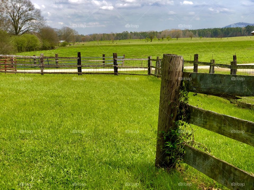 Fences, unpaved road, meadows, trees and distant hills 