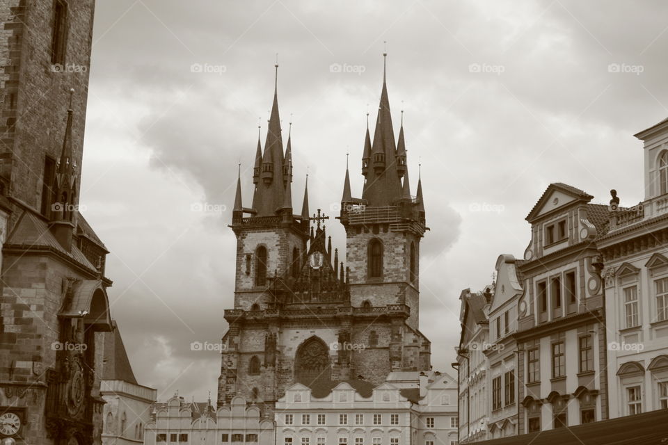 View of the Tyn church in black and white.