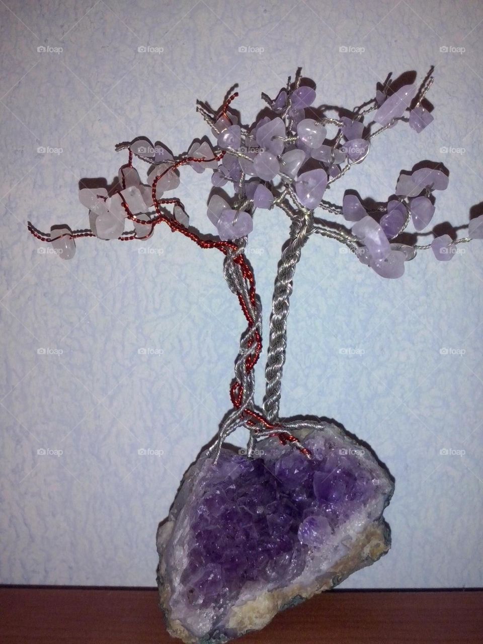 Wire Trees with semi-precious amethyst & pink quartz. Base: Amethyst. 
