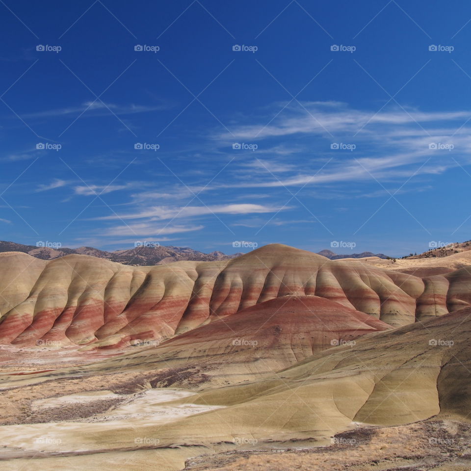 The colorful and unique reds, greens, and browns of the beautifully textured Painted Hills in the John Day Fossil Beds National Monument in Eastern Oregon on a sunny day. 