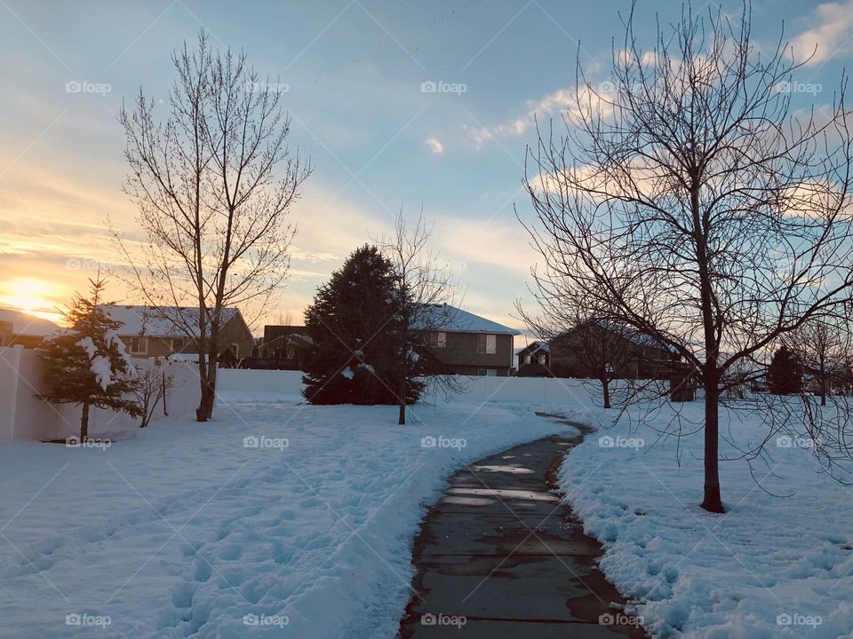 Quiet sunset on a snowy neighborhood