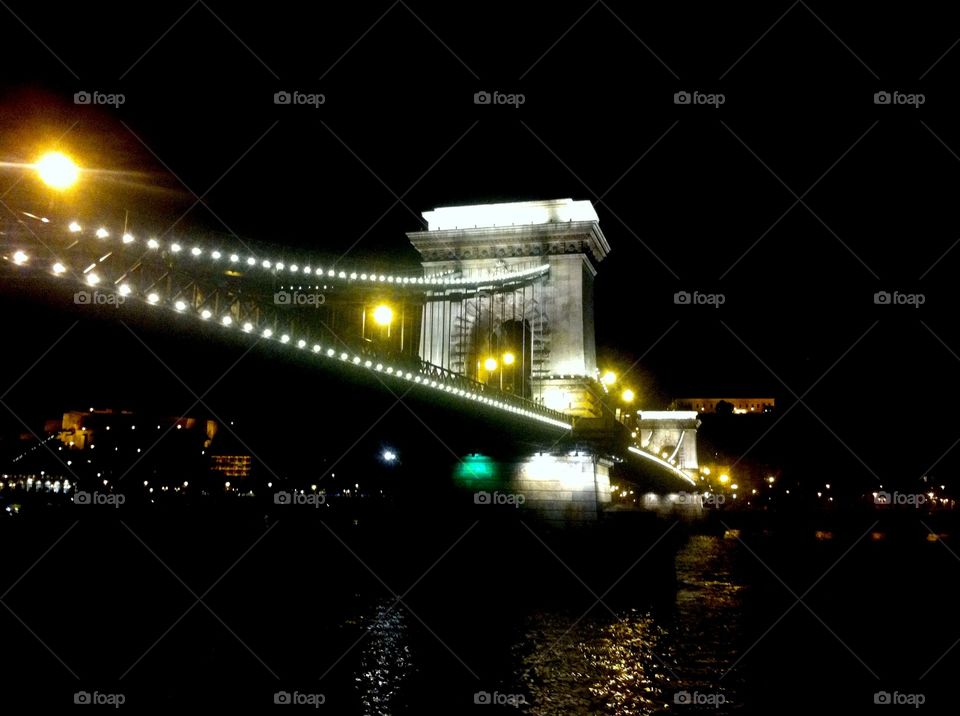 Chain bridge at night. This photo was taken in Budapest, Hungary.