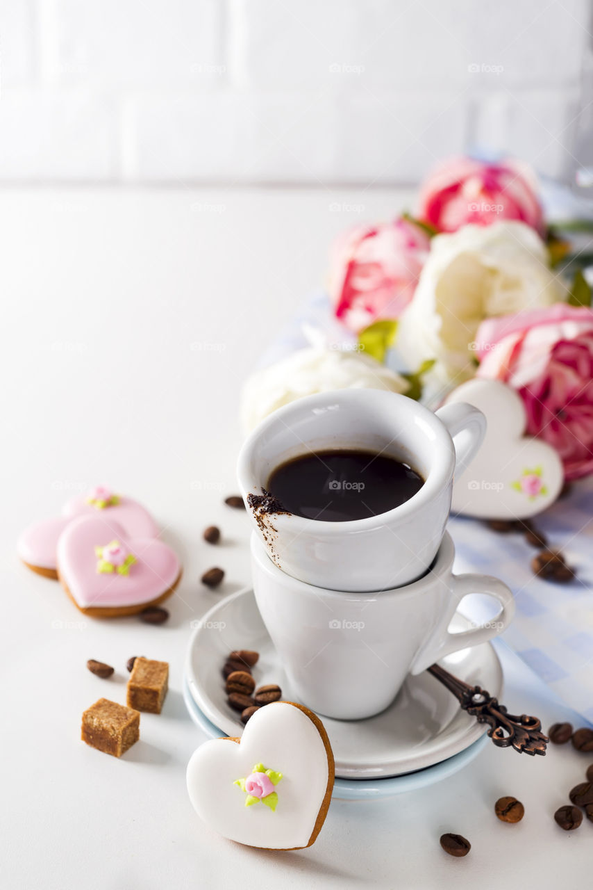 time to coffe with spices and cookies on white