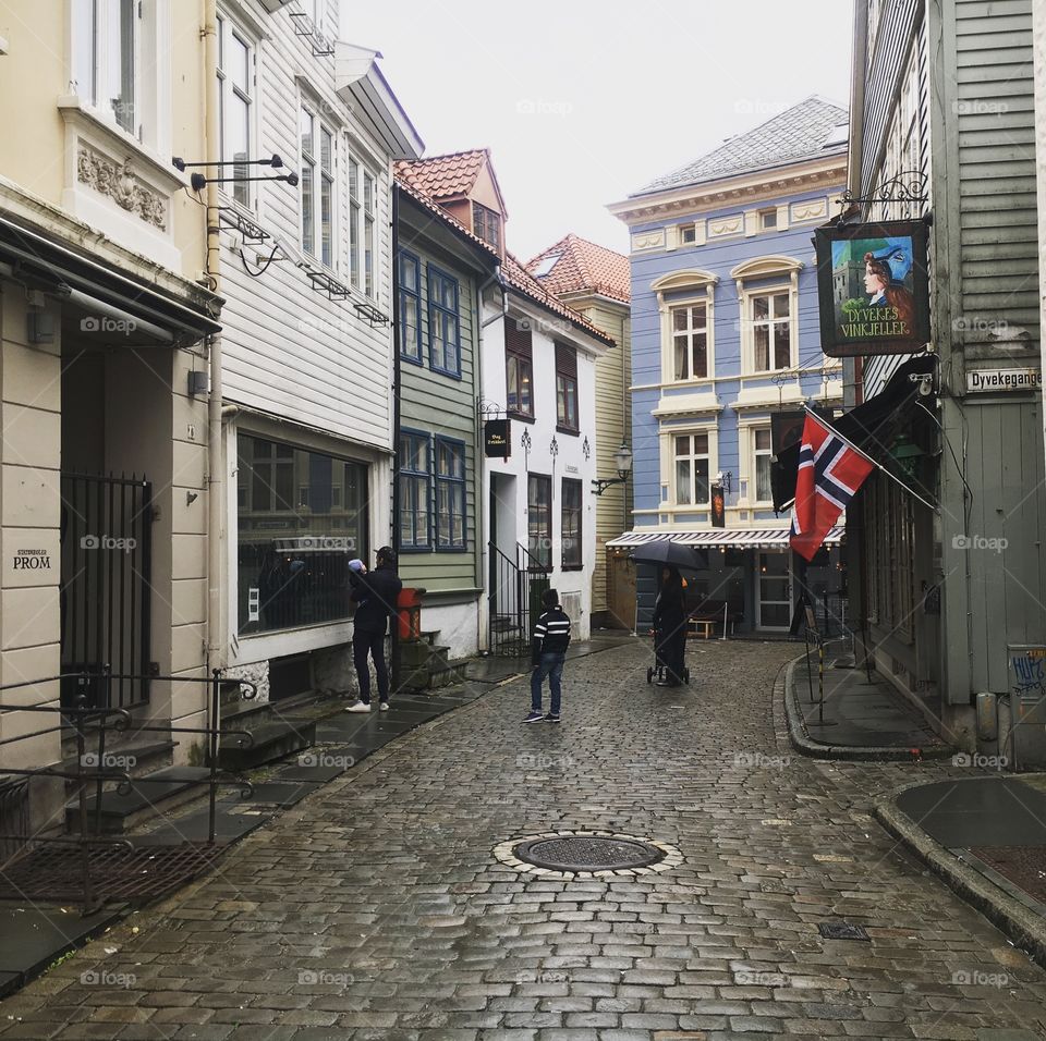 Rainy day in Bergen city centre 