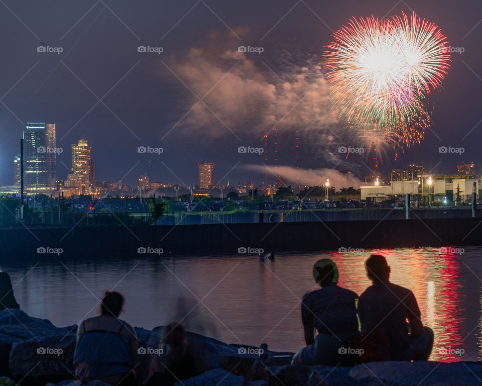 Fireworks display on July 4th over Milwaukee , WI skyline
