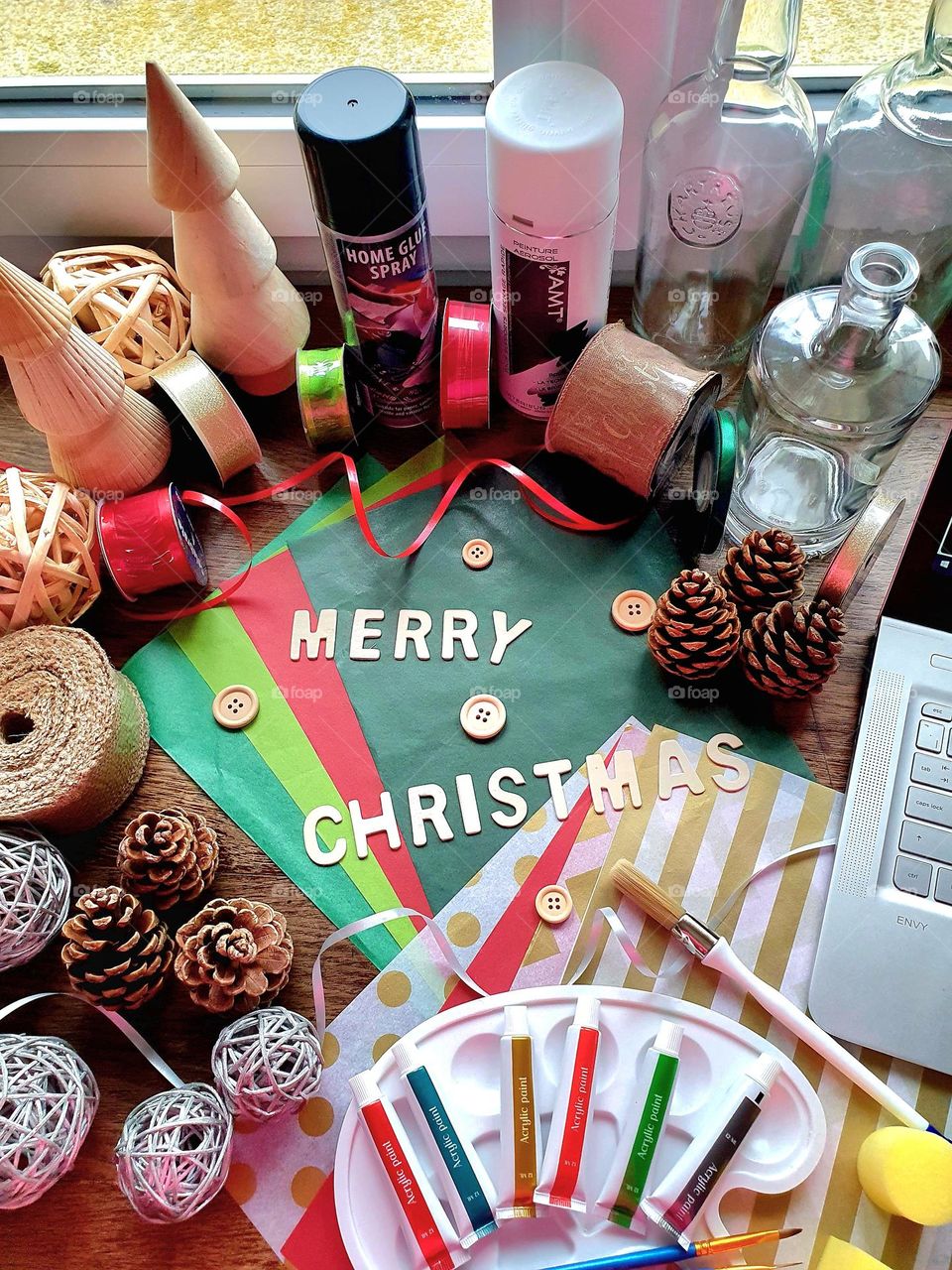 Flatlay of items to create Christmas decorations