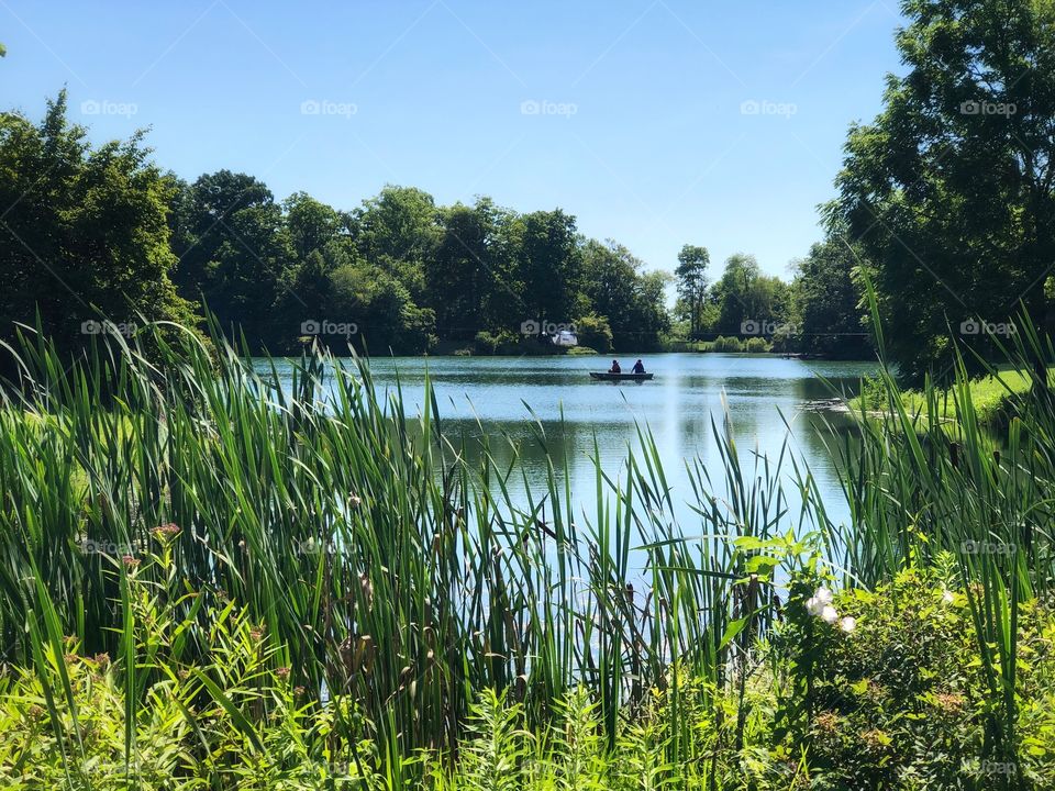 Two people fishing in a canoe on a lake in the summer