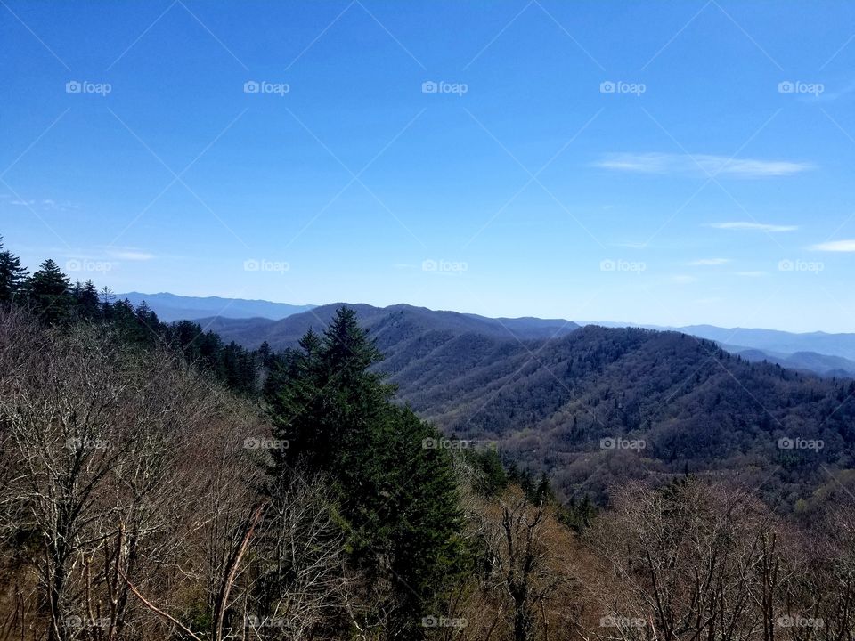 Breathtaking panoramic sweeping views of vibrant blue skies of the Great Smoky Mountain national park/forest with rolling clouds over North Carolina & Tennessee.