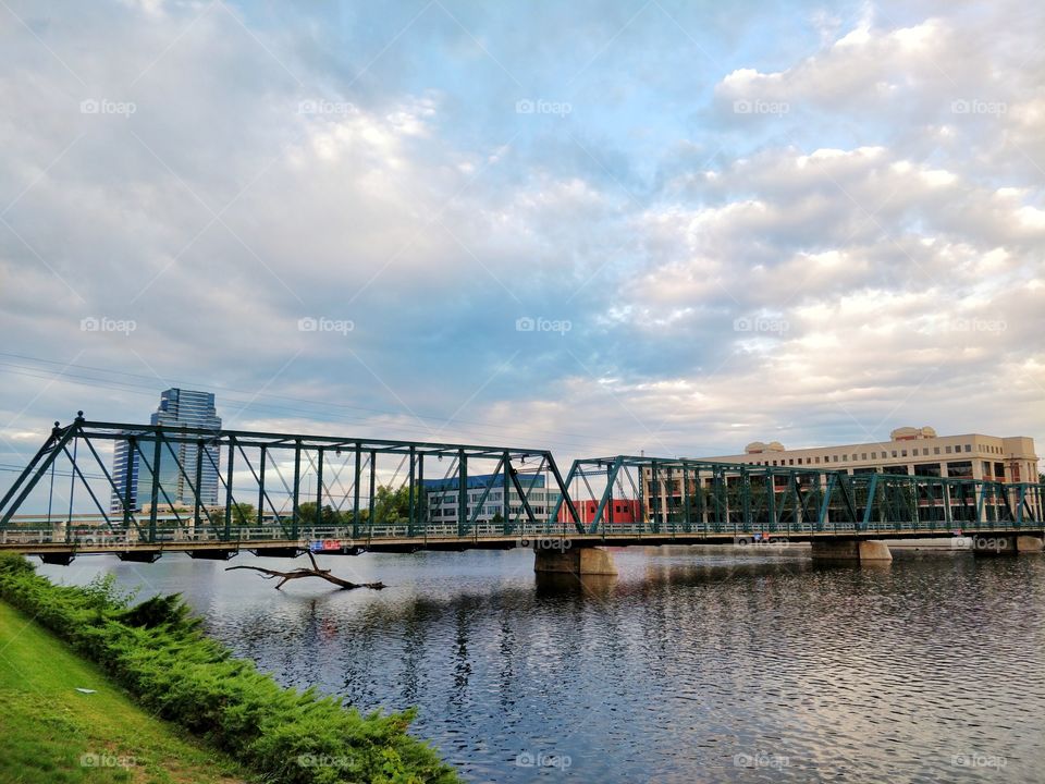 View of Sixth St. Bridge on the north side of Grand Rapids, MI along the Grand River