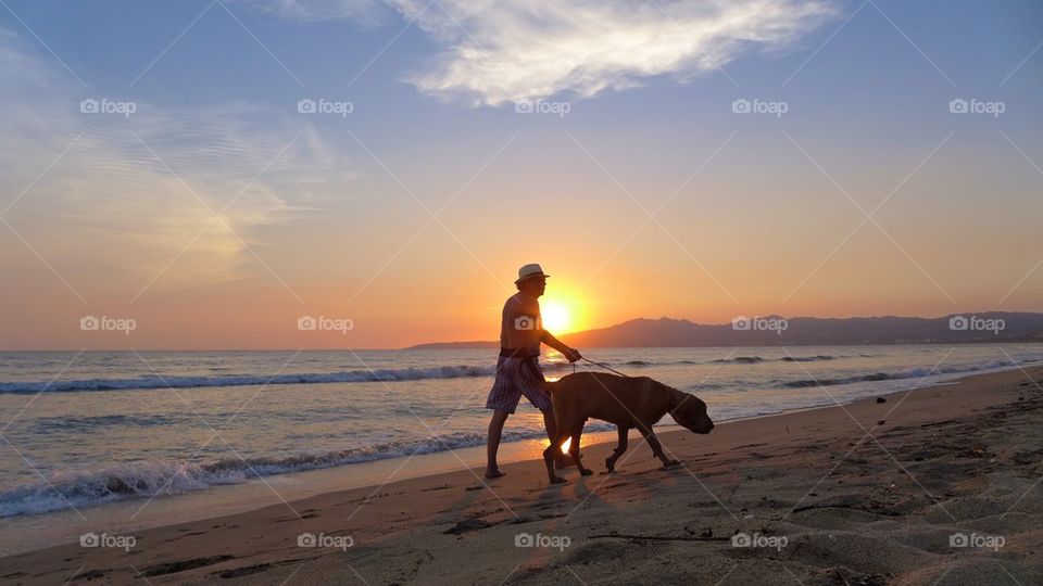 Man walks dog at the beach