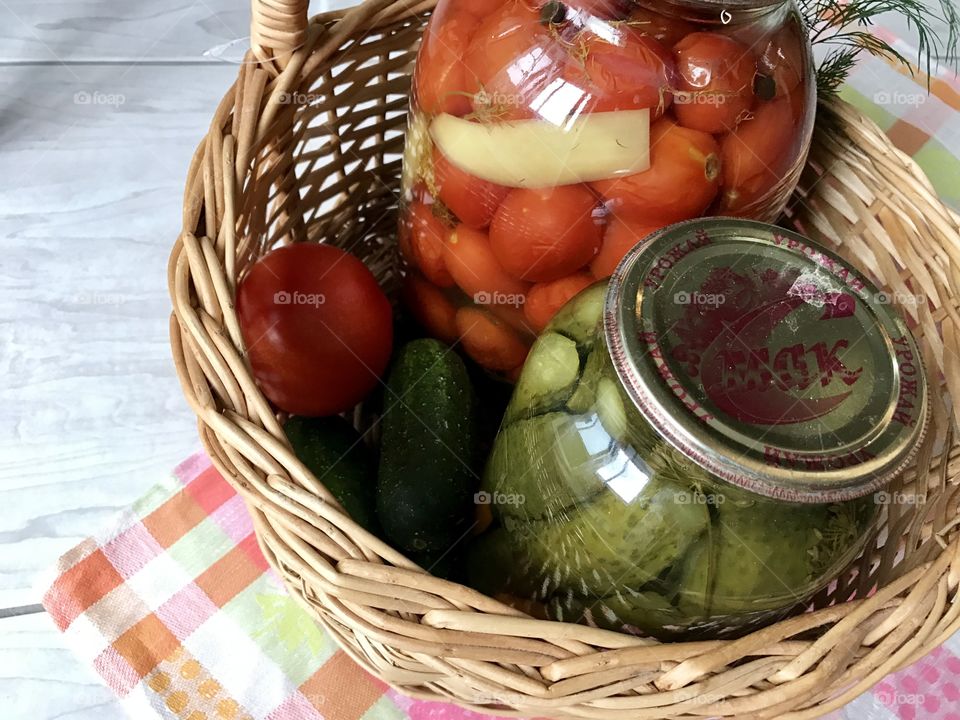 homemade pickles cucumbers and tomatoes 