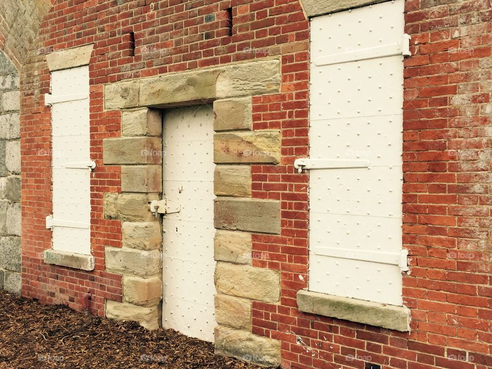 Iron door on caseworks. Caseworks at Fort Monroe in Virginia
