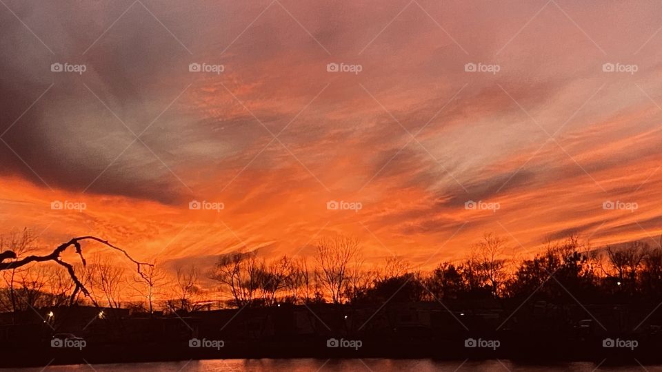Fiery orange sky Engulfed the Lower Horizon. Reflections were Enormous throughout the Entire Twilight Sky. 