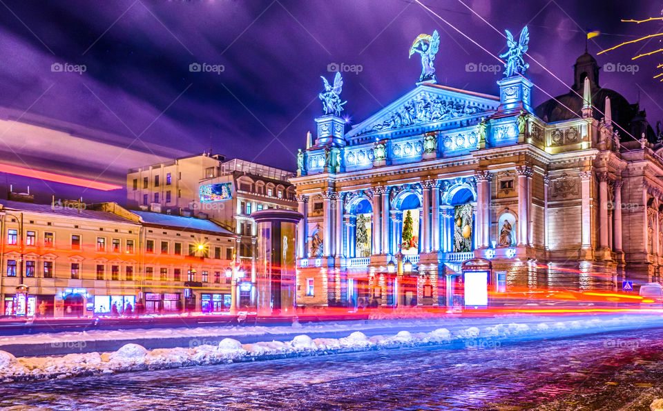 Night city scene in Lviv city