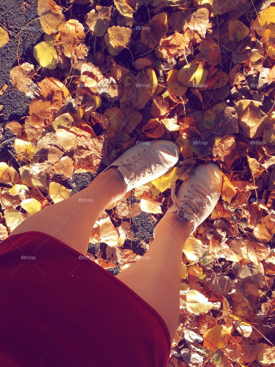 Feet crunching in colourful autumn leaves