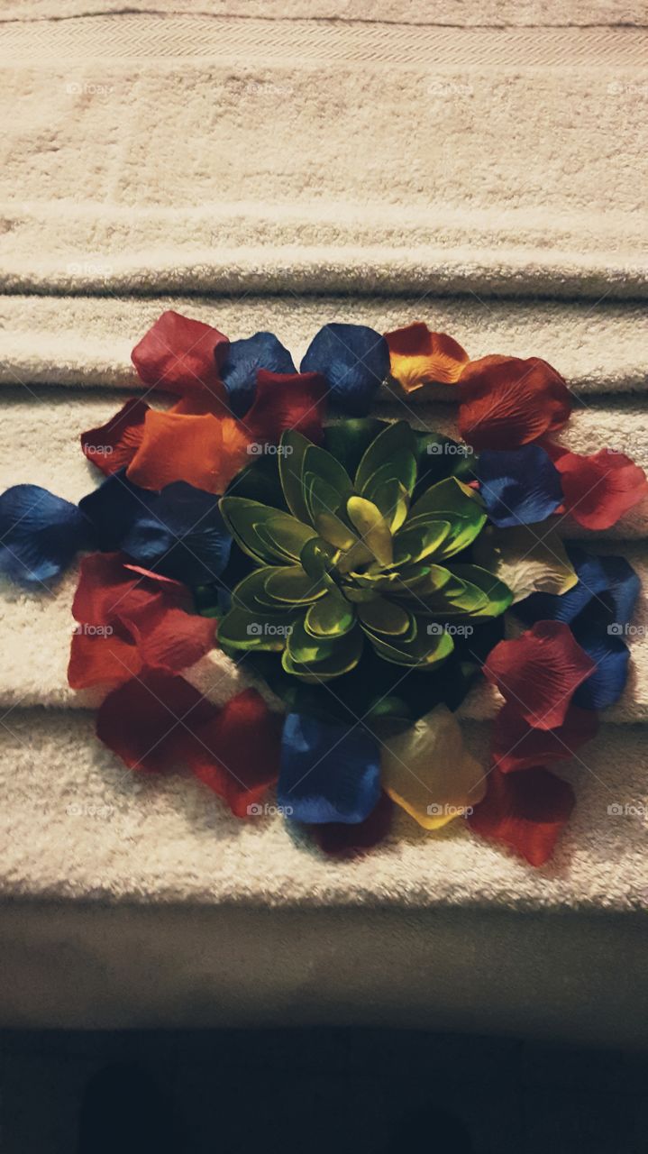 artificial colourful flowers and green lotus on layers of bath towel